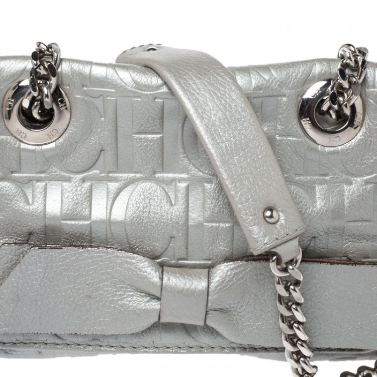 Pre Owned Carolina Herrera Metallic Silver Monogram Leather Audrey Shoulder Bag