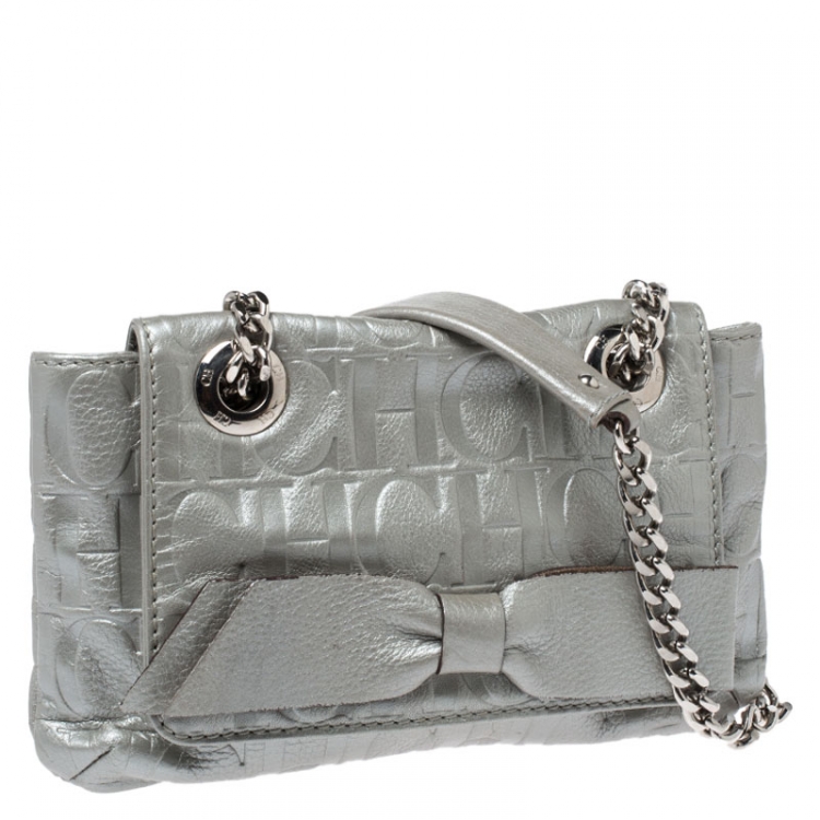 Pre Owned Carolina Herrera Metallic Silver Monogram Leather Audrey Shoulder Bag
