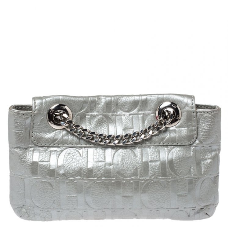 Pre Owned Carolina Herrera Metallic Silver Monogram Leather Audrey Shoulder Bag