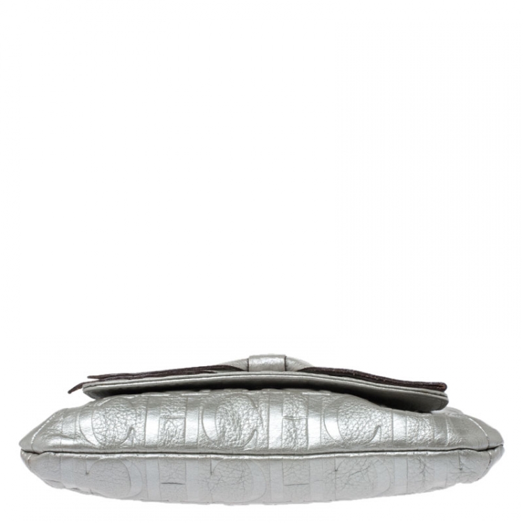 Pre Owned Carolina Herrera Metallic Silver Monogram Leather Audrey Shoulder Bag