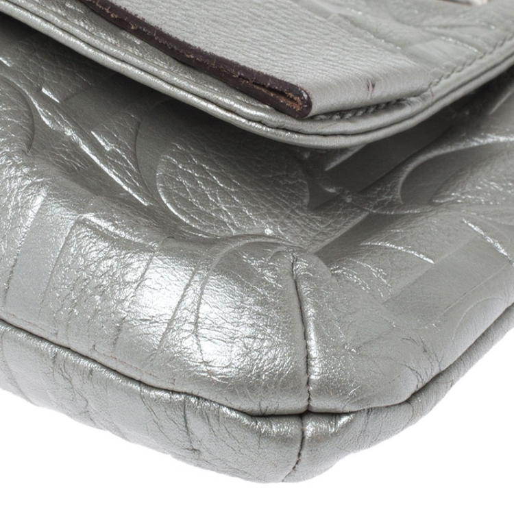 Pre Owned Carolina Herrera Metallic Silver Monogram Leather Audrey Shoulder Bag
