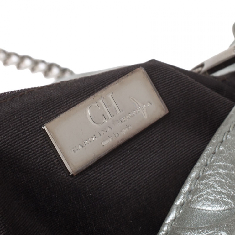 Pre Owned Carolina Herrera Metallic Silver Monogram Leather Audrey Shoulder Bag