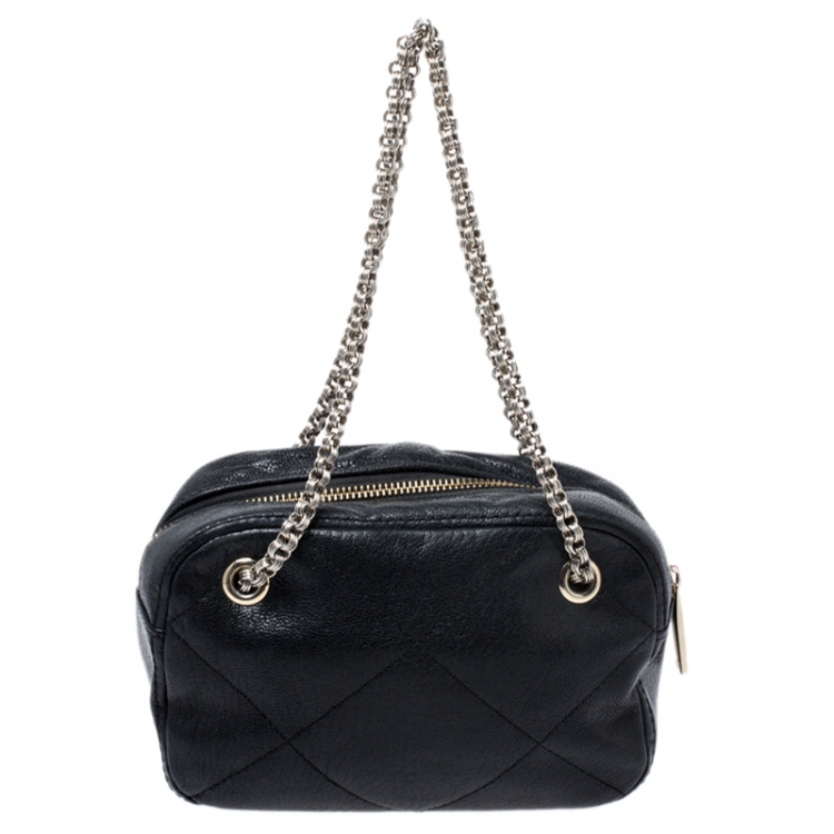 Pre Owned Carolina Herrera Black Leather Embossed Logo Camera Bag