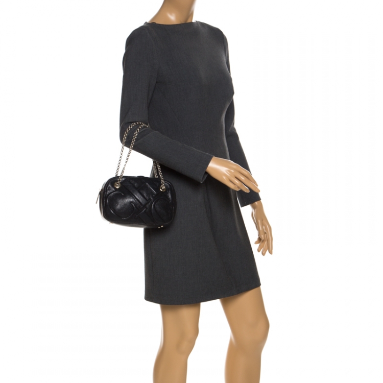 Pre Owned Carolina Herrera Black Leather Embossed Logo Camera Bag