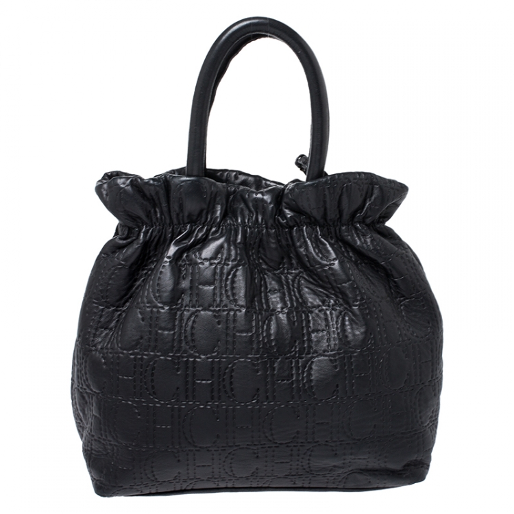 Pre Owned CH Carolina Herrera Black Monogram Embossed Leather Bucket Bag