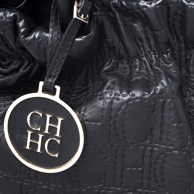 Pre Owned CH Carolina Herrera Black Monogram Embossed Leather Bucket Bag