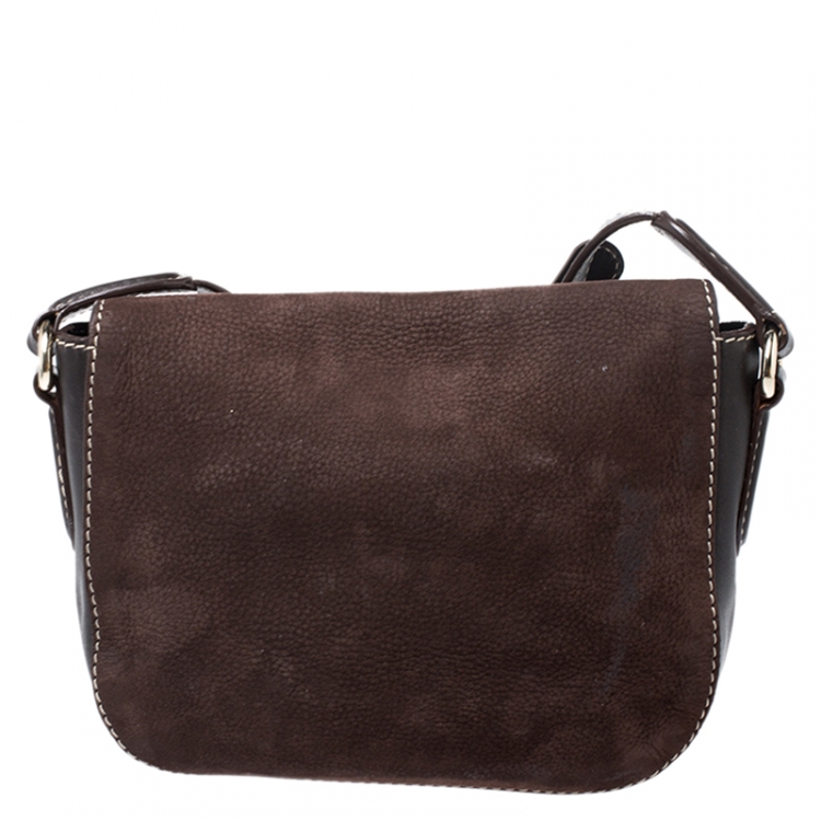 Pre Owned Carolina Herrera Brown Suede and Leather Flap Crossbody Bag