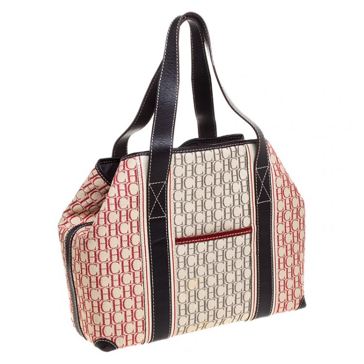Pre Owned Carolina Herrera Beige/Multicolor Canvas Shopper Tote