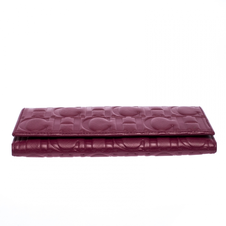 Pre Owned Carolina Herrera Magenta Monogram Leather Continental Wallet