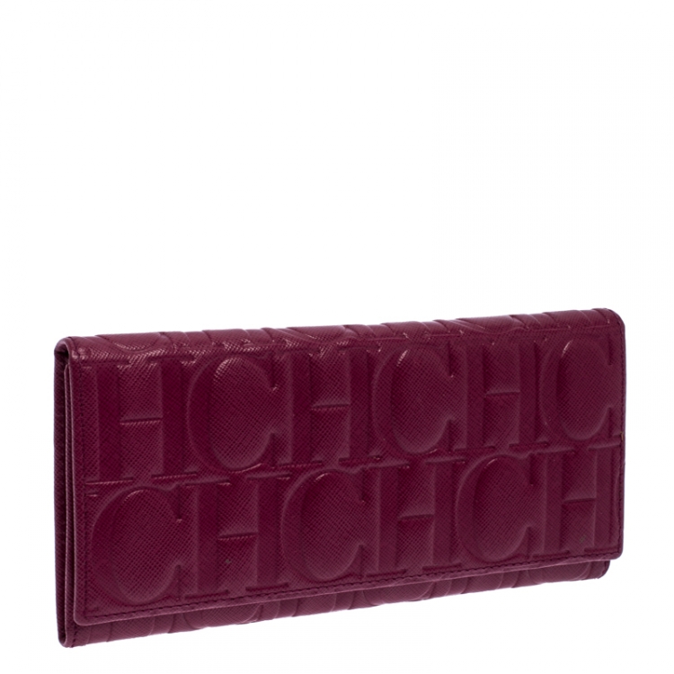 Pre Owned Carolina Herrera Magenta Monogram Leather Continental Wallet