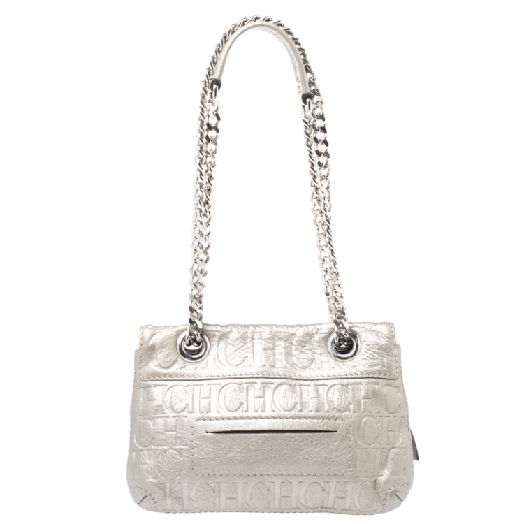 Pre Owned Carolina Herrera Metallic Silver Monogram Leather Audrey Shoulder Bag