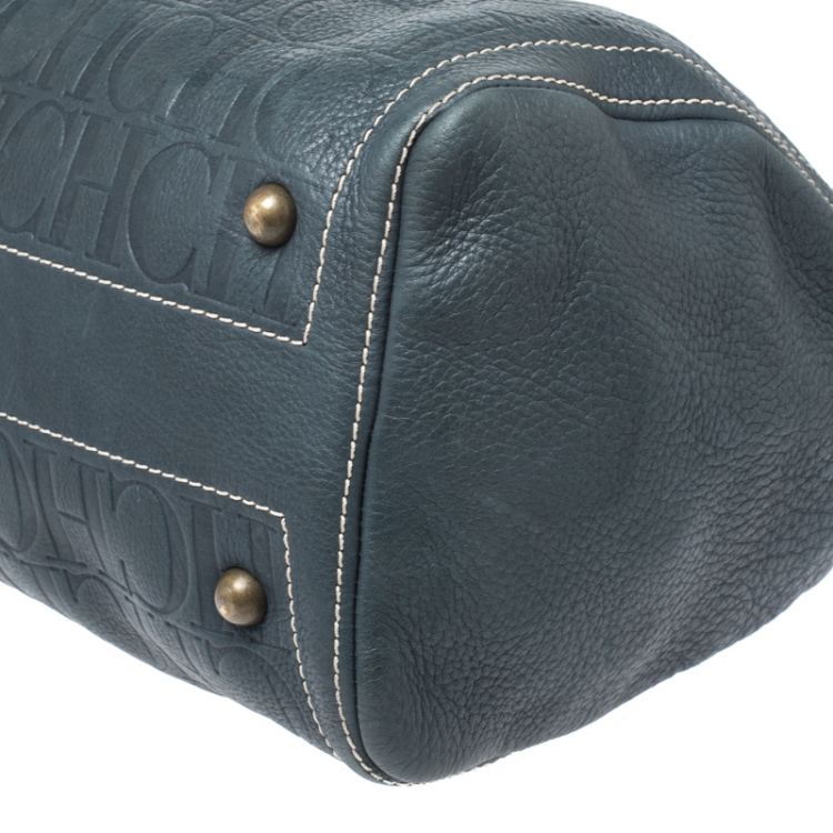 Pre Owned Carolina Herrera Dark Green Monogram Leather Andy Boston Bag