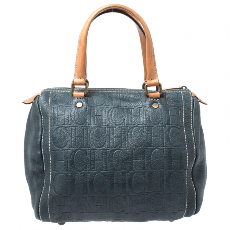 Pre Owned Carolina Herrera Dark Green Monogram Leather Andy Boston Bag