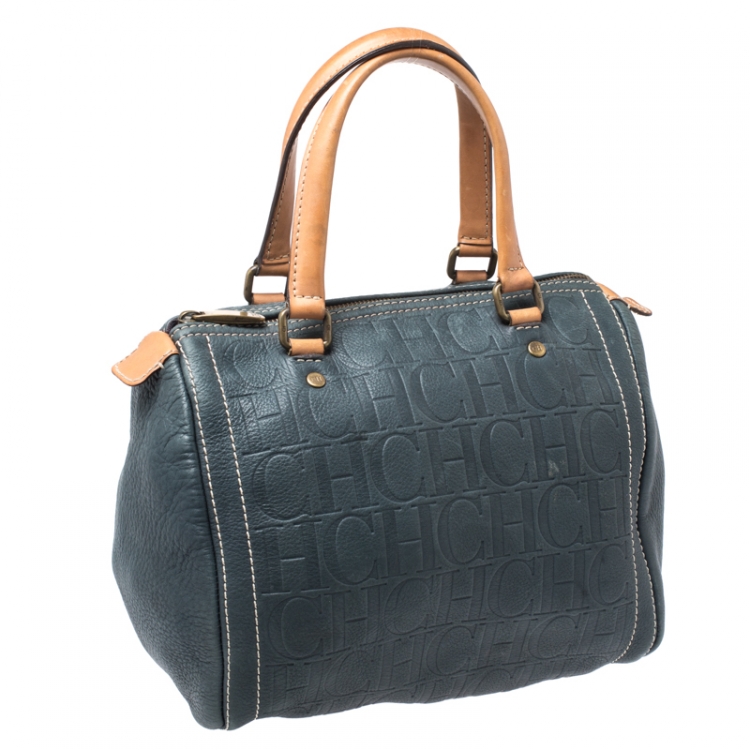 Pre Owned Carolina Herrera Dark Green Monogram Leather Andy Boston Bag
