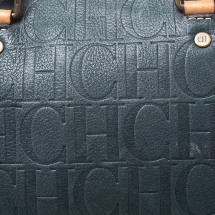 Pre Owned Carolina Herrera Dark Green Monogram Leather Andy Boston Bag