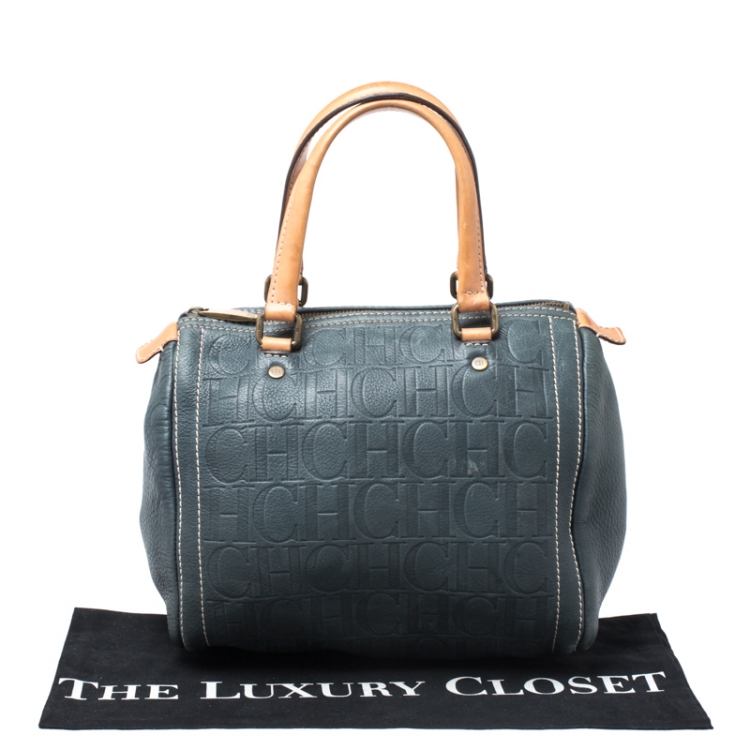 Pre Owned Carolina Herrera Dark Green Monogram Leather Andy Boston Bag