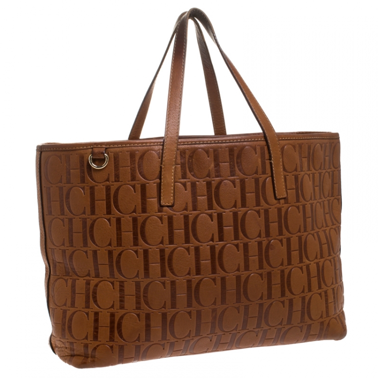 Pre Owned Carolina Herrera Brown Monogram Leather Shopper Tote