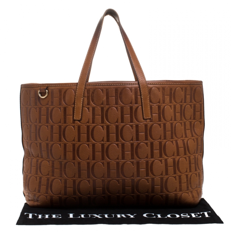 Pre Owned Carolina Herrera Brown Monogram Leather Shopper Tote