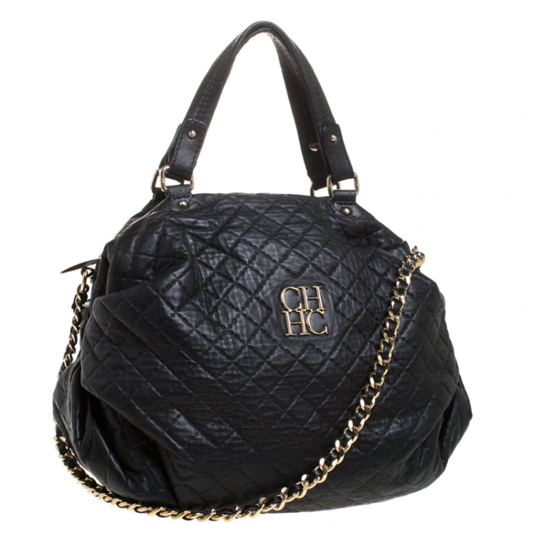 Pre Owned Carolina Herrera Black Quilted Leather Top Handle Bag