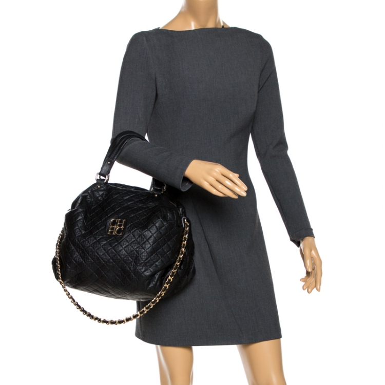 Pre Owned Carolina Herrera Black Quilted Leather Top Handle Bag