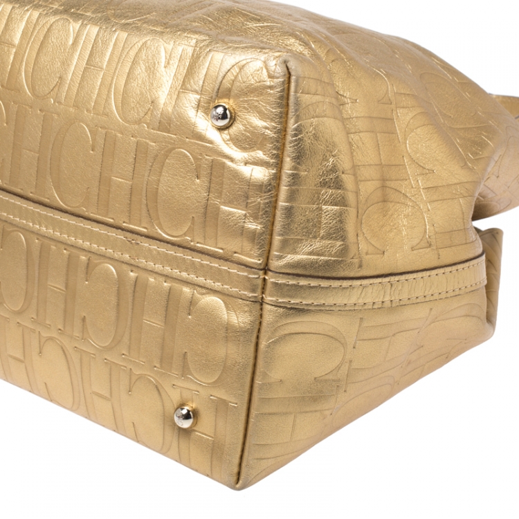 Pre Owned Carolina Herrera Metallic Gold Monogram Leather Matryoshka Tote