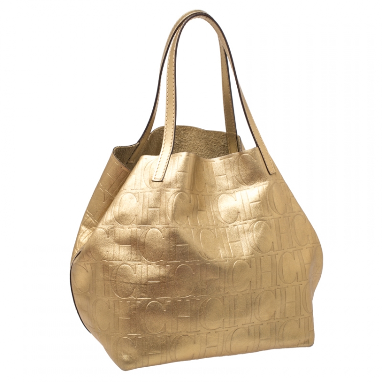 Pre Owned Carolina Herrera Metallic Gold Monogram Leather Matryoshka Tote