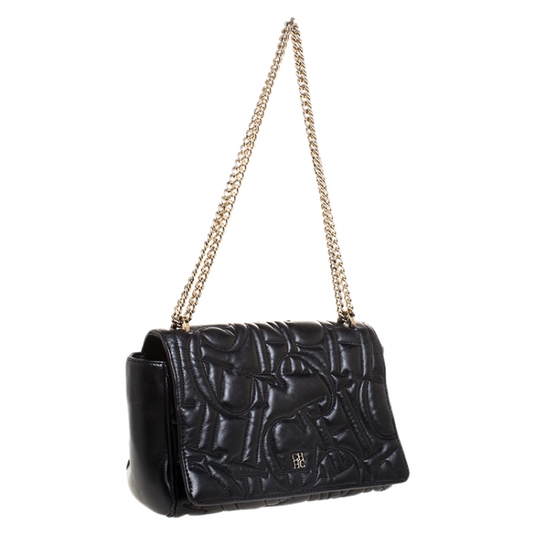Pre Owned Carolina Herrera Black Leather Flap Shoulder Bag