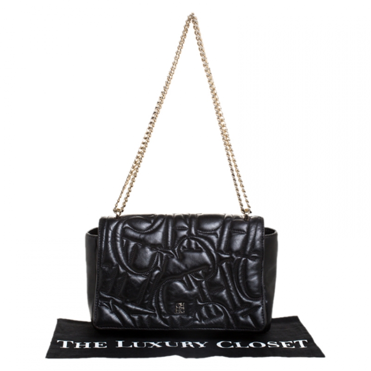 Pre Owned Carolina Herrera Black Leather Flap Shoulder Bag