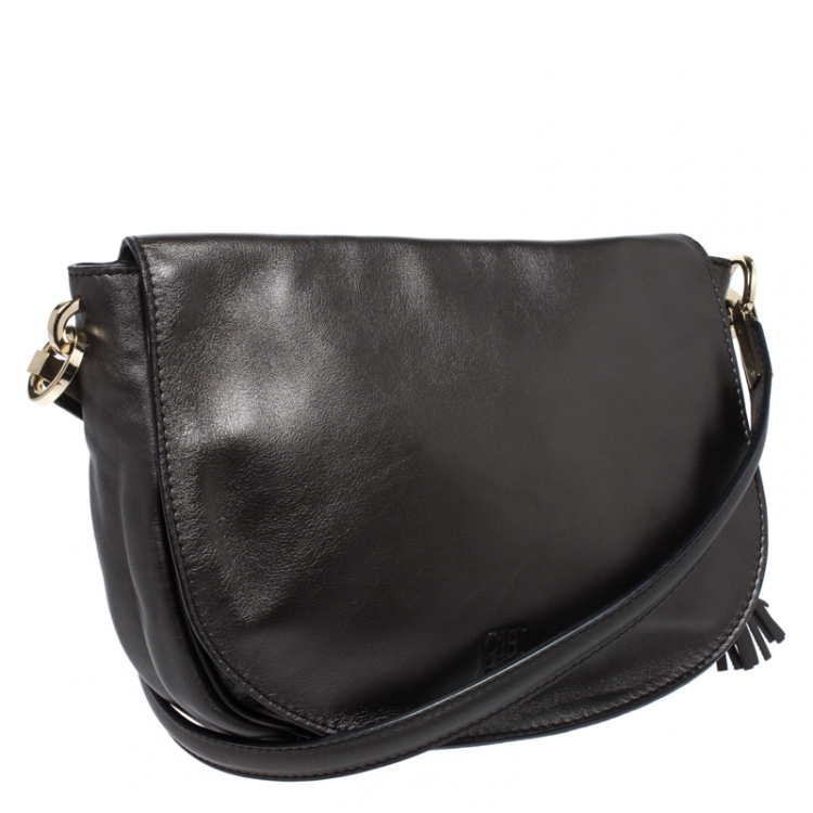 Pre Owned Carolina Herrera Metallic Olive Green Leather Flap Crossbody Bag