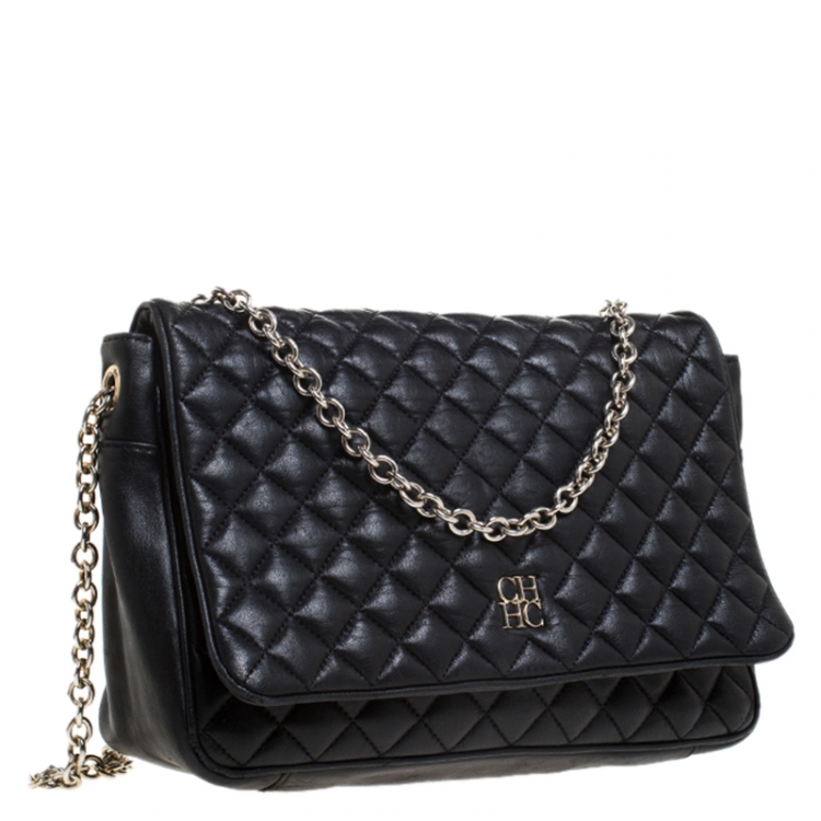 Pre Owned Carolina Herrera Black Quilted Leather Flap Chain Shoulder Bag