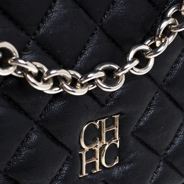 Pre Owned Carolina Herrera Black Quilted Leather Flap Chain Shoulder Bag