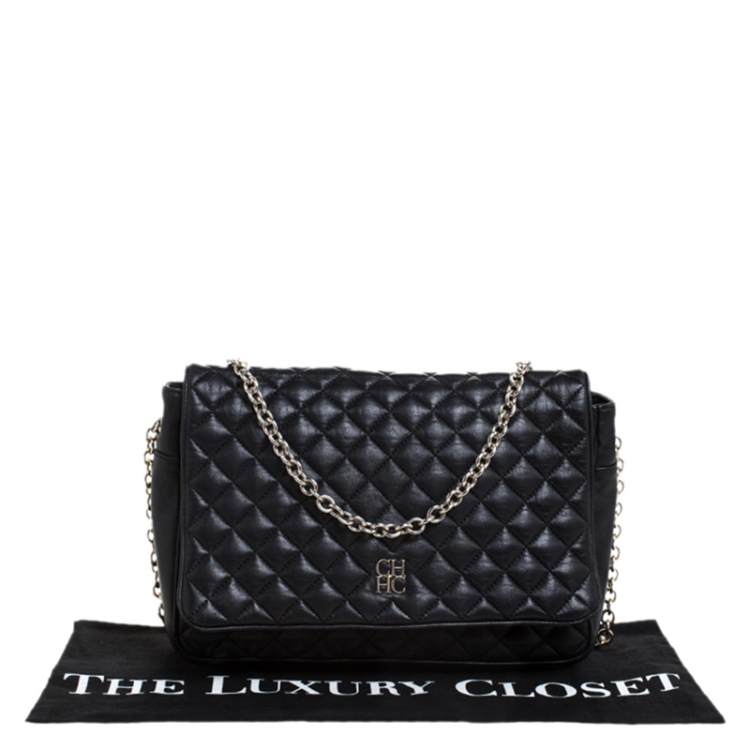 Pre Owned Carolina Herrera Black Quilted Leather Flap Chain Shoulder Bag