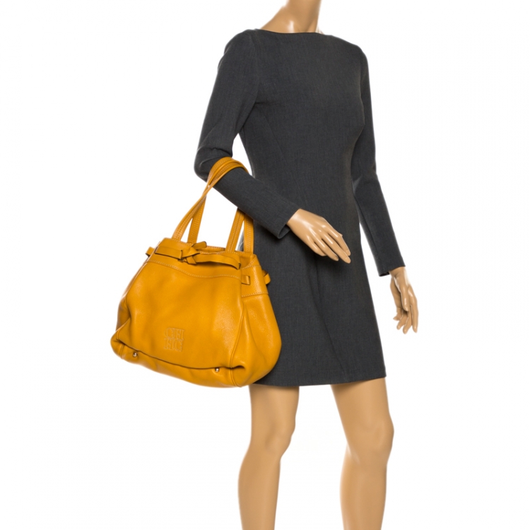 Pre Owned Carolina Herrera Mustard Yellow Leather Drawstring Tote