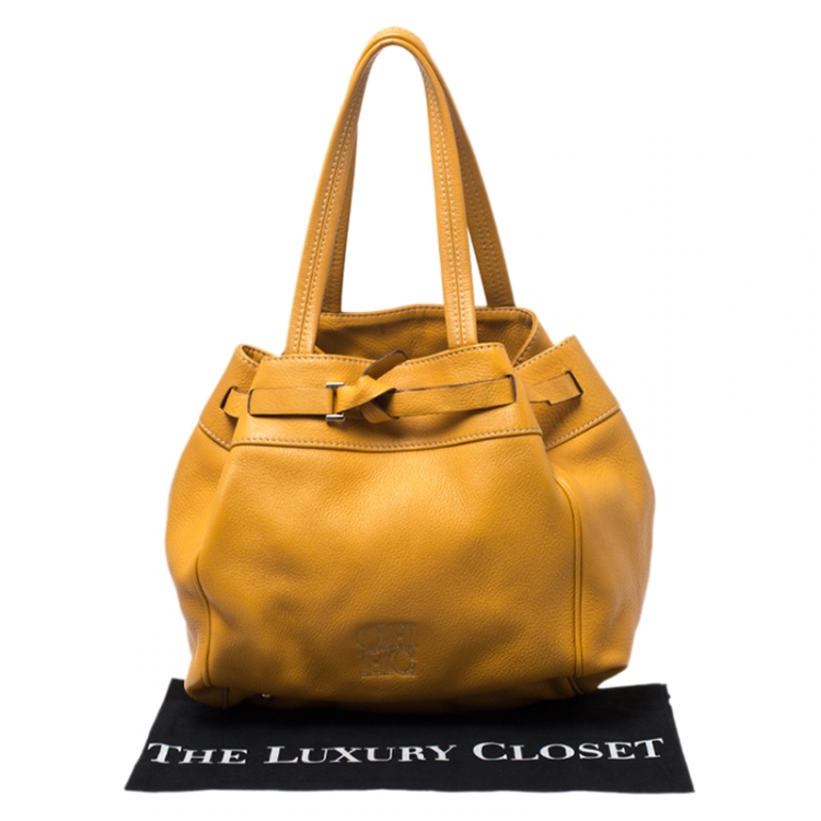 Pre Owned Carolina Herrera Mustard Yellow Leather Drawstring Tote