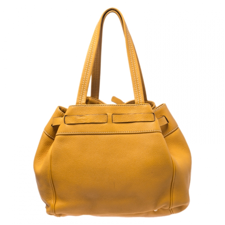Pre Owned Carolina Herrera Mustard Yellow Leather Drawstring Tote