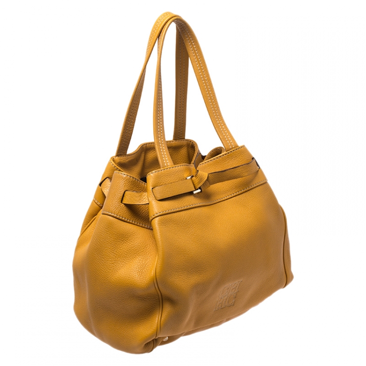 Pre Owned Carolina Herrera Mustard Yellow Leather Drawstring Tote