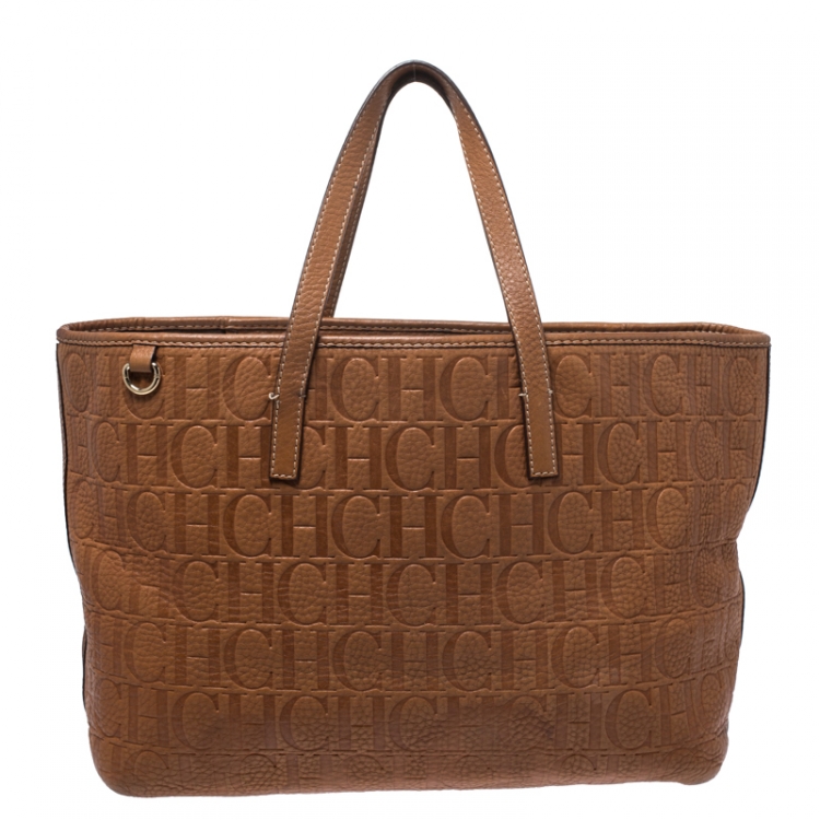 Pre Owned Carolina Herrera Brown Monogram Leather Shopper Tote