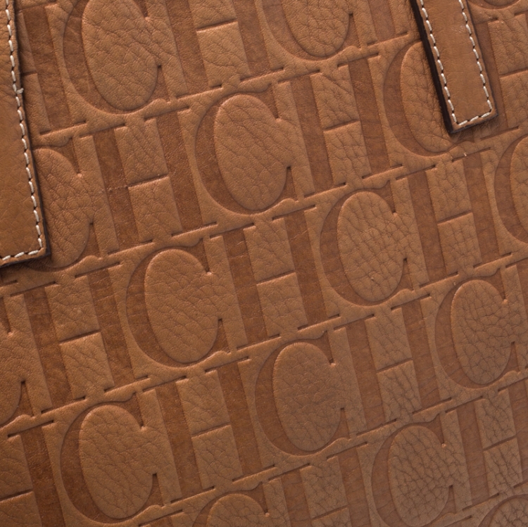 Pre Owned Carolina Herrera Brown Monogram Leather Shopper Tote