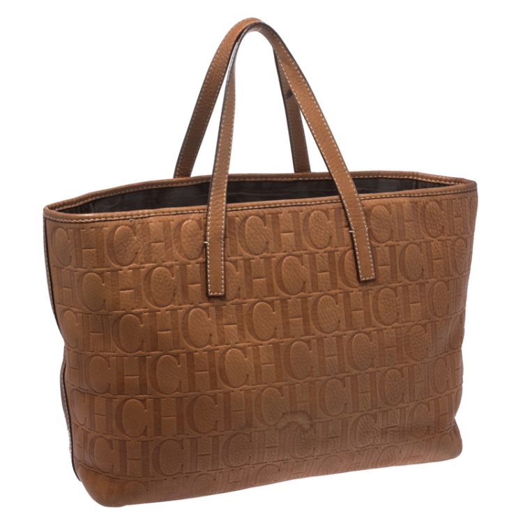 Pre Owned Carolina Herrera Brown Monogram Leather Shopper Tote