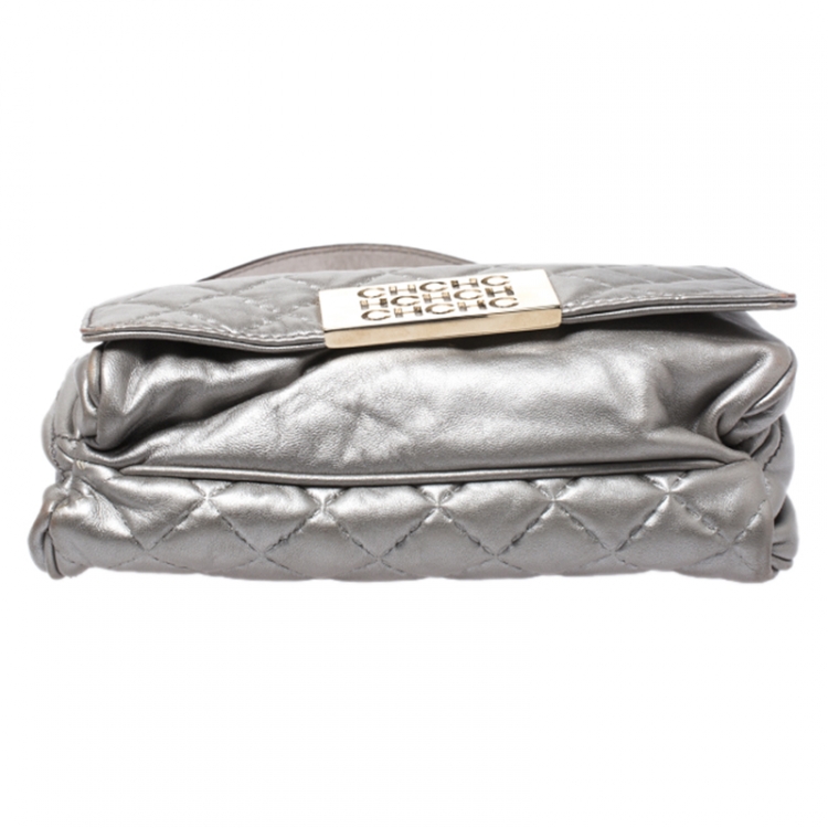 Pre Owned CH Carolina Herrera Silver Quilted Leather Flap Bag