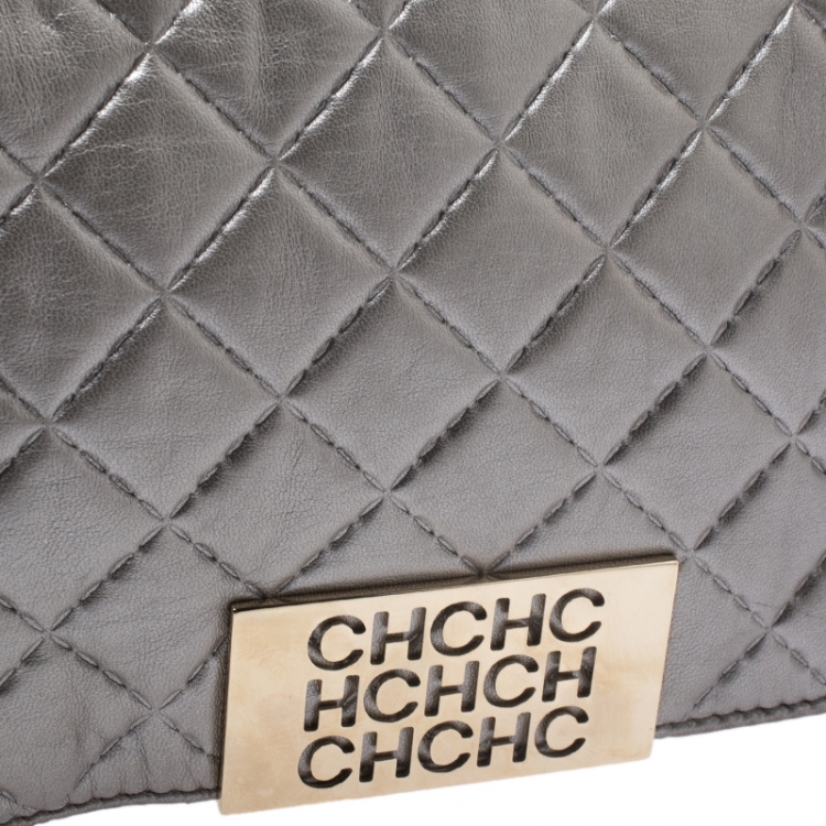Pre Owned CH Carolina Herrera Silver Quilted Leather Flap Bag