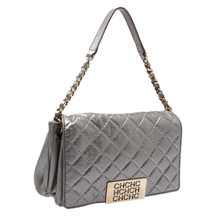 Pre Owned CH Carolina Herrera Silver Quilted Leather Flap Bag