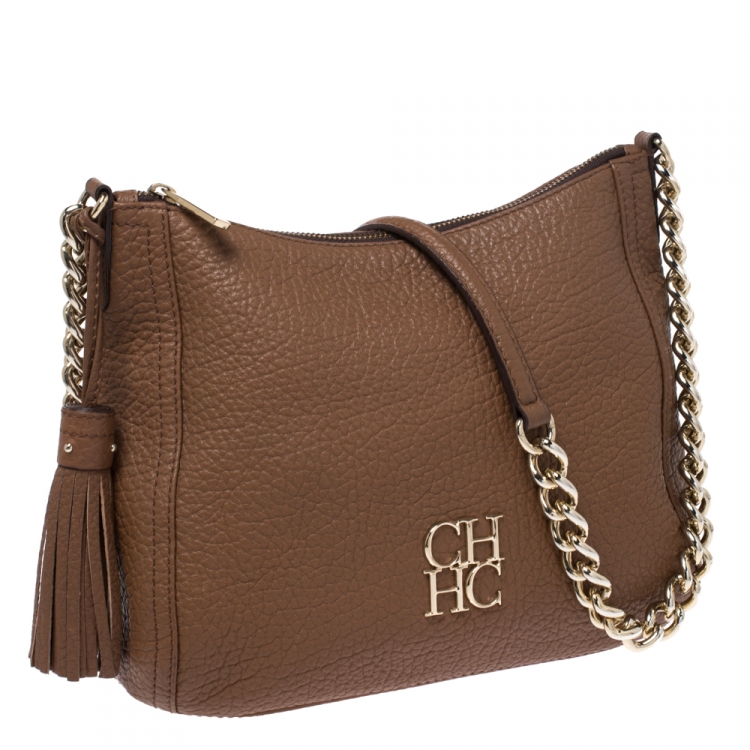 Pre Owned Carolina Herrera Dark Brown Leather Chain Tassel Shoulder Bag