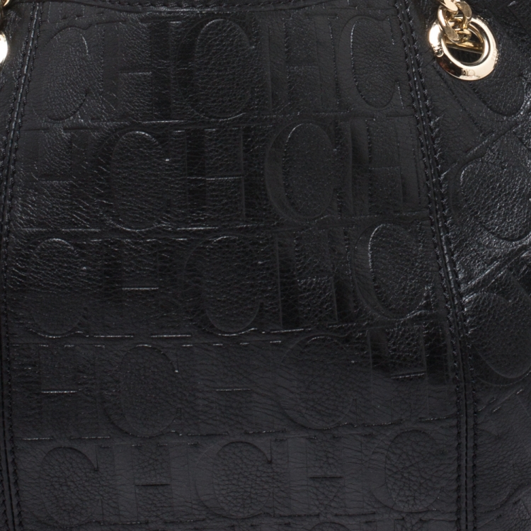 Pre Owned Carolina Herrera Black Monogram Leather Poppy Tote