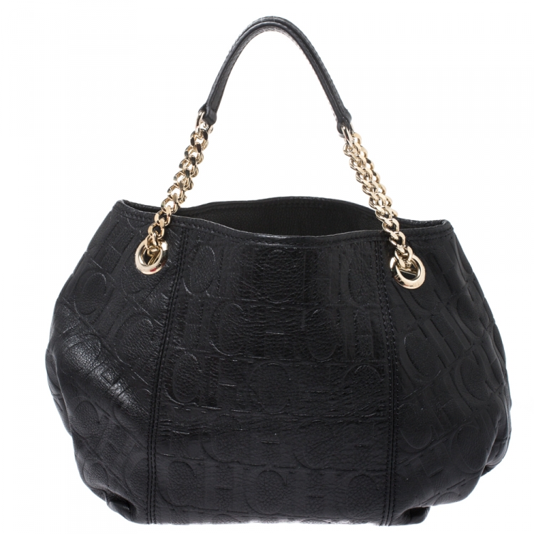 Pre Owned Carolina Herrera Black Monogram Leather Poppy Tote