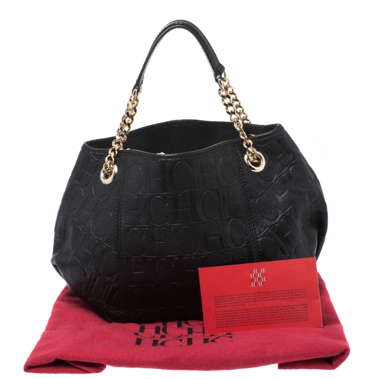 Pre Owned Carolina Herrera Black Monogram Leather Poppy Tote