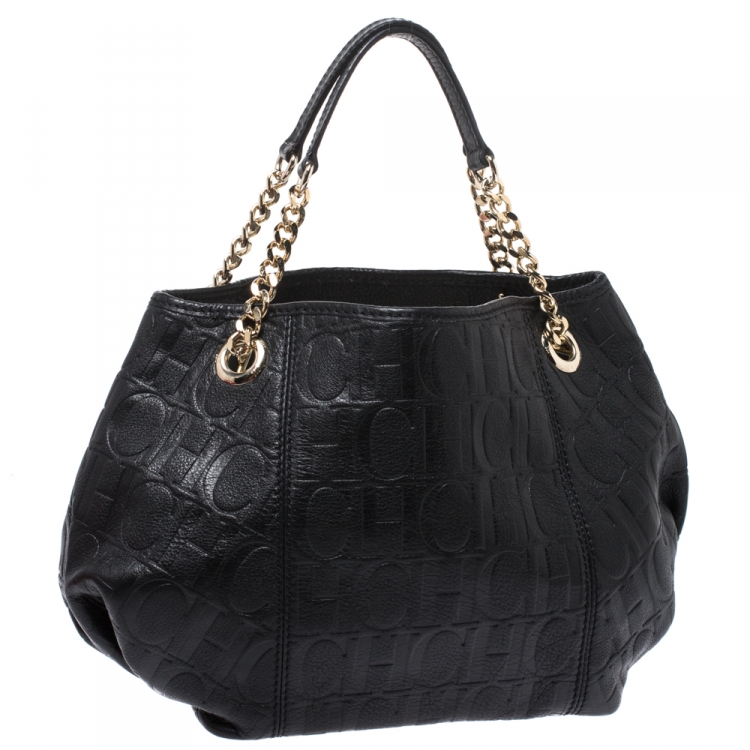Pre Owned Carolina Herrera Black Monogram Leather Poppy Tote