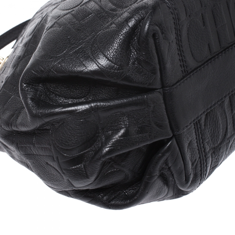 Pre Owned Carolina Herrera Black Monogram Leather Poppy Tote