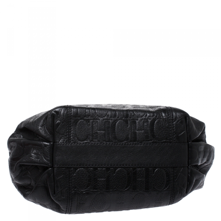 Pre Owned Carolina Herrera Black Monogram Leather Poppy Tote