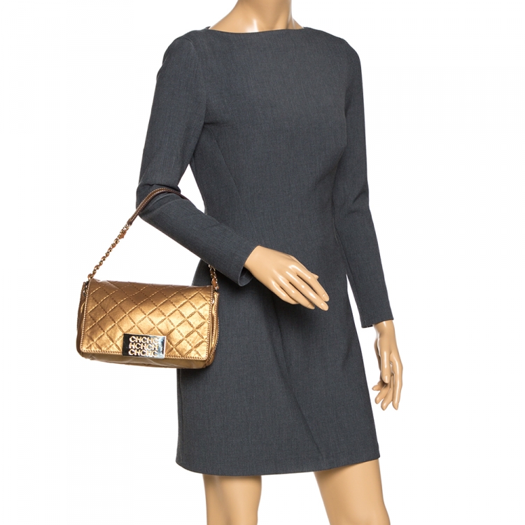 Pre Owned Carolina Herrera Gold Quilted Leather Flap Bag